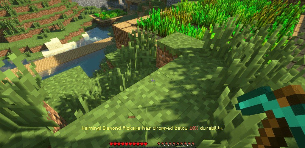 Пример уведомления Durability Notifier в Minecraft с красной плашкой и текстом 'Кирка почти сломана!'