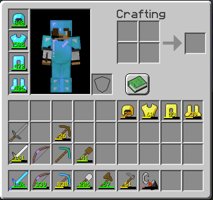 Интерфейс мода Durability101 с отображением прочности инструментов в Minecraft