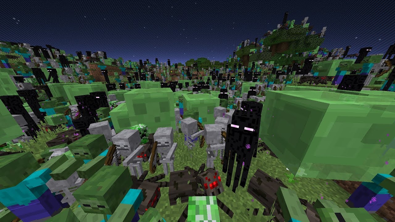 Игрок сражается с толпой мобов ночью в моде Dusk для Minecraft