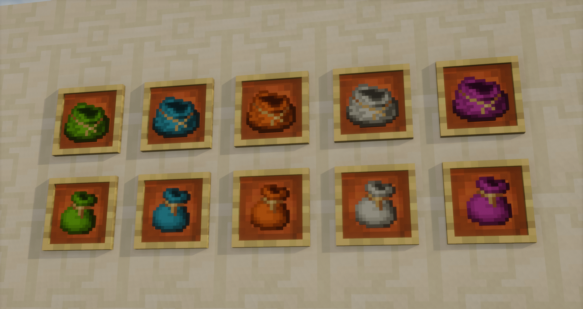 Игровой скриншот Dyed Bundles Mod с разноцветными мешочками в инвентаре