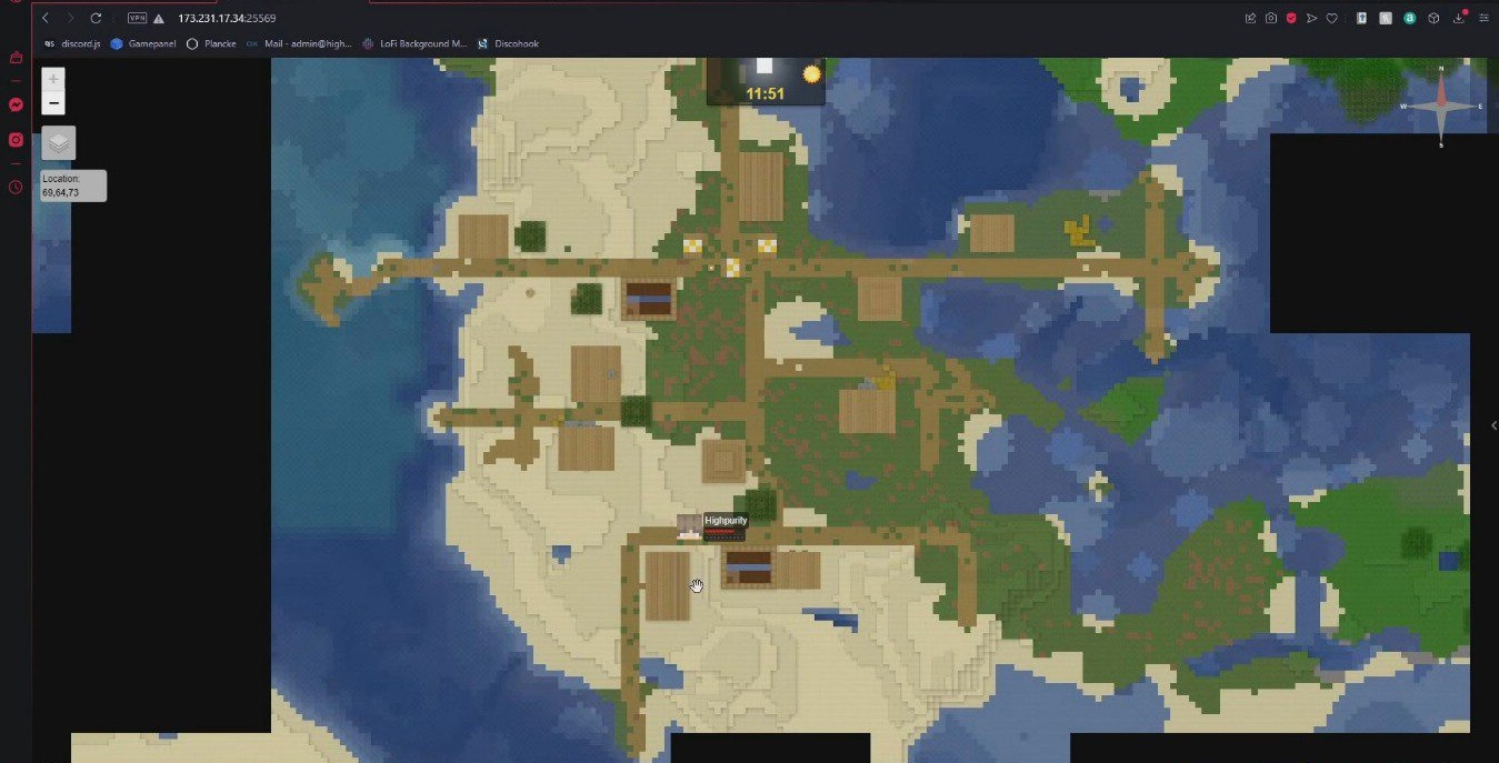 Пример карты Dynmap с отмеченными игроками и постройками