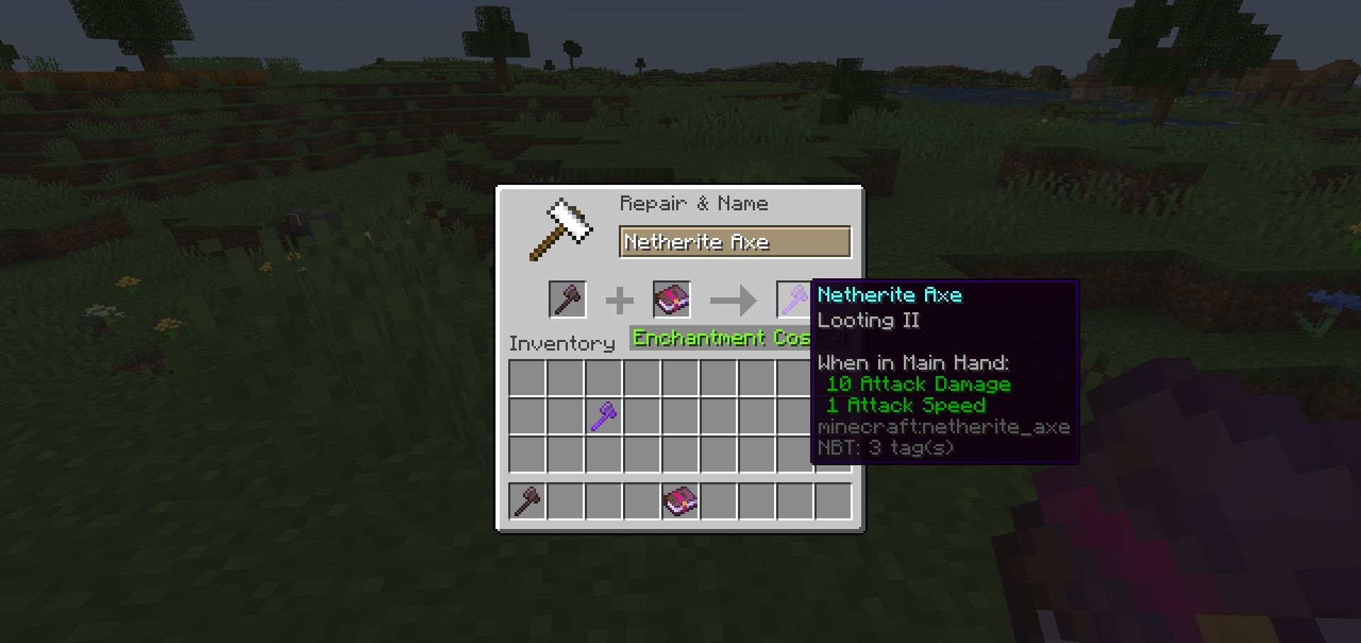 Топор с чарами молнии и регенерации в Minecraft