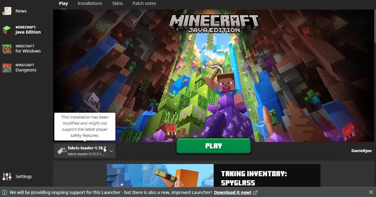 Процесс установки Fabric Loader для Minecraft - выбор версии игры и параметров