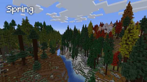 Анимация смены сезонов в Minecraft с модом Fabric Seasons BYG: зимний лес превращается в весенний