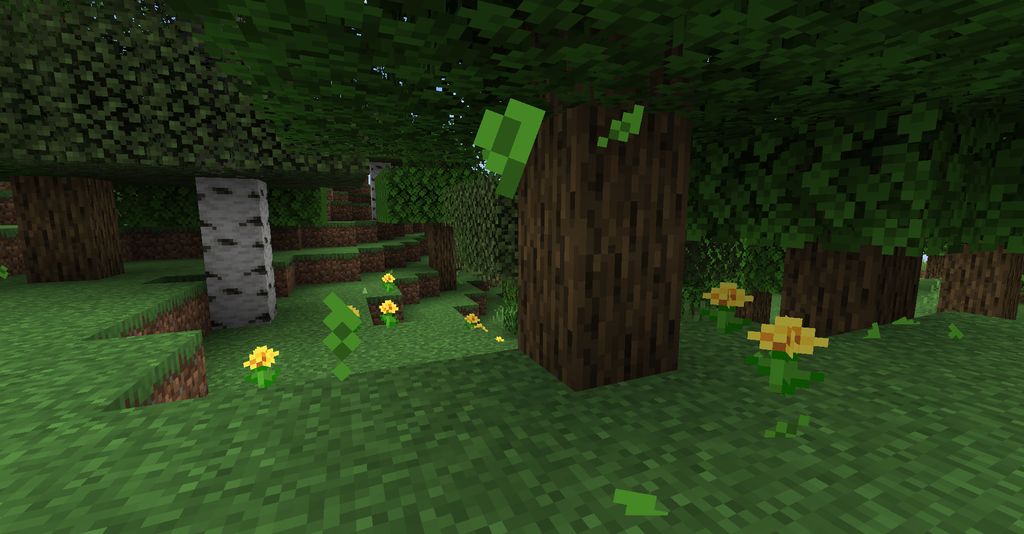 Сравнение ванильного Minecraft и версии с модом Falling Leaves, демонстрирующее разницу в детализации