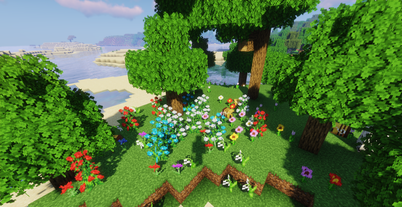 Красивые цветы и трава в Minecraft после установки Fancy Foliage