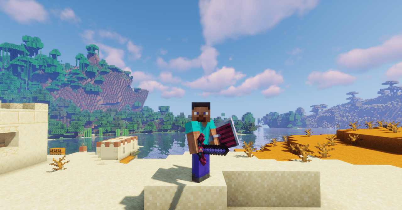 Скриншот Minecraft с текстур-паком Felineification Fork, показывающий улучшенные блоки и окружение
