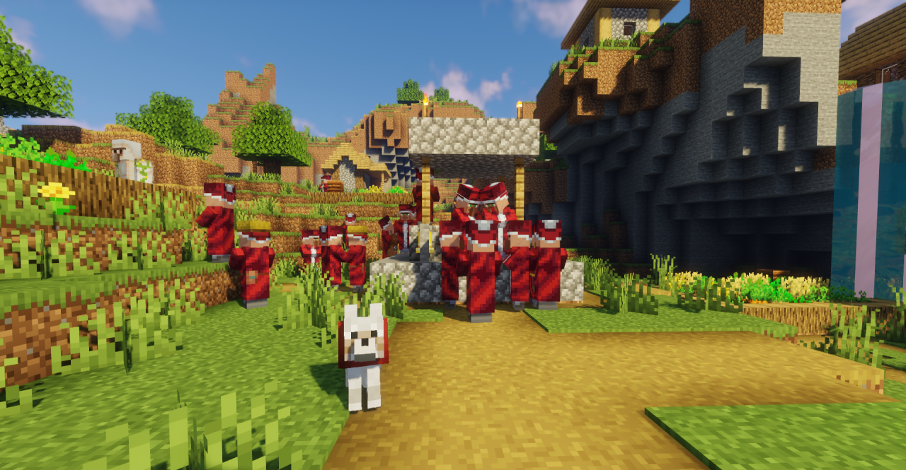 Деревня в Minecraft с жителями в праздничных костюмах и украшенными домами