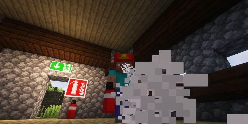 Игрок в шлеме пожарного использует огнетушитель в Minecraft