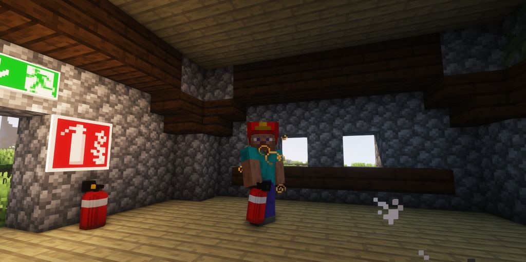 Сравнение тушения огня ведром воды и огнетушителем в Minecraft