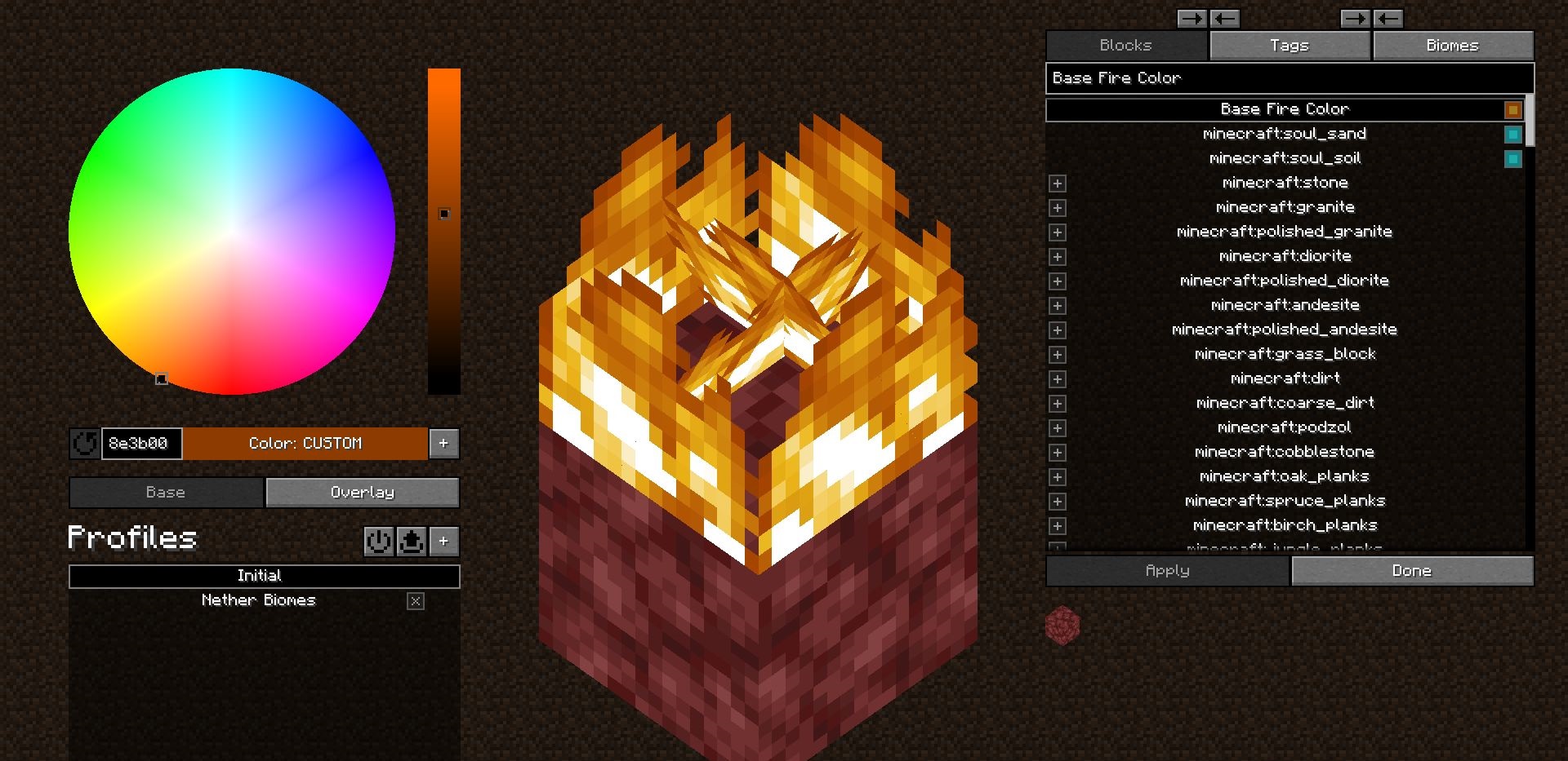 Скриншот Minecraft с модом Firorize, демонстрирующий синий и фиолетовый огонь