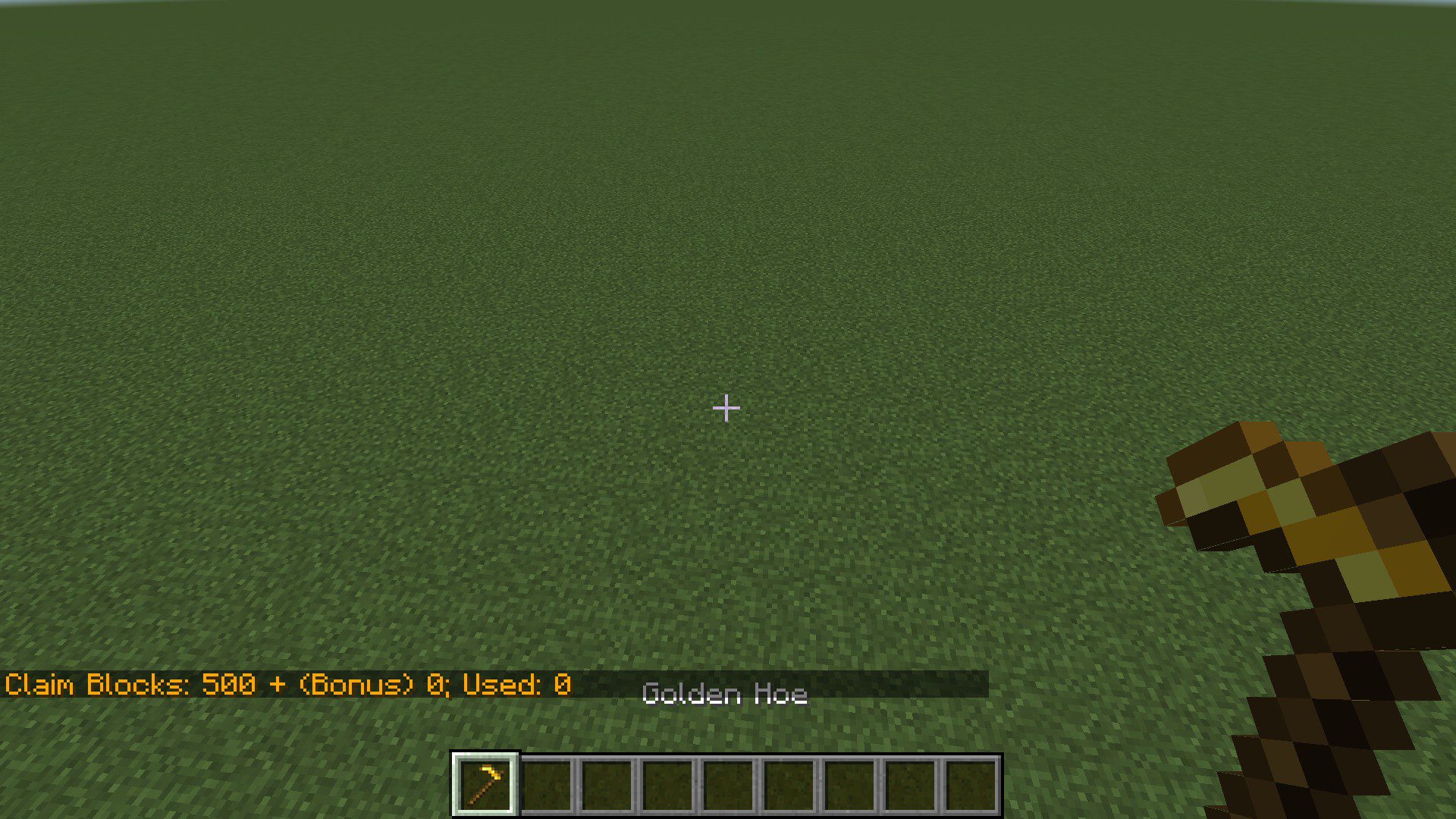 Игрок использует золотую мотыгу для разметки территории в Minecraft