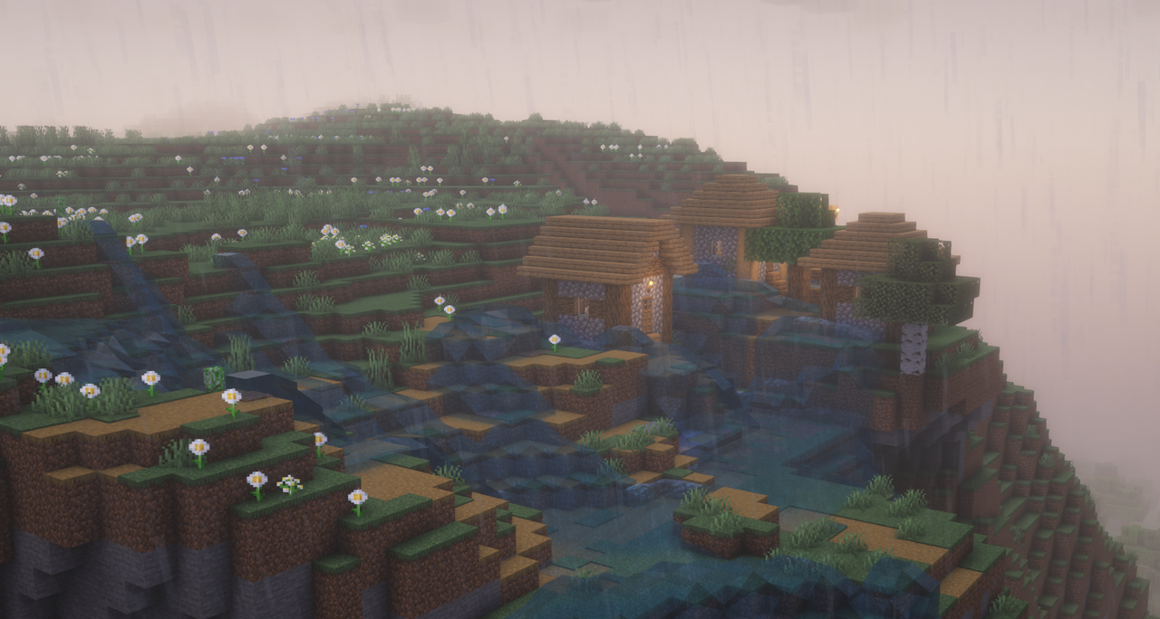 Затопленная деревня в Minecraft после активации мода Flash Flood
