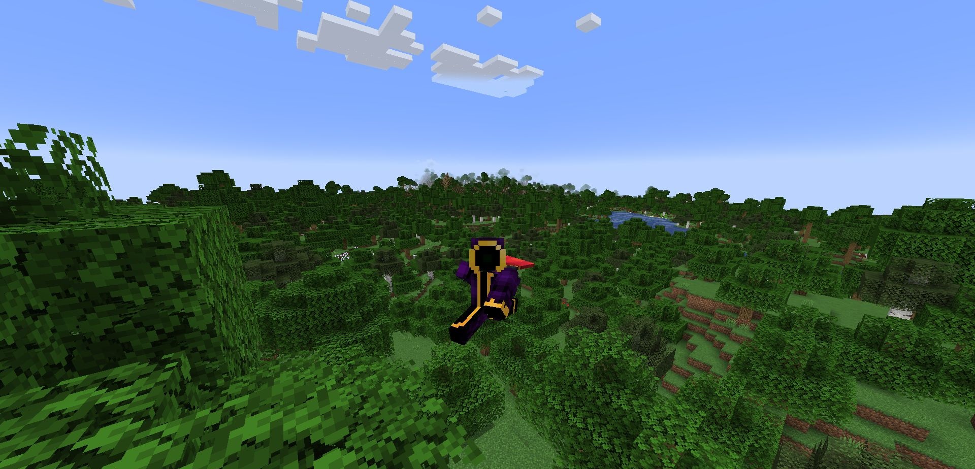 Игрок использует Fly Mod 3D для полета над горами в Minecraft