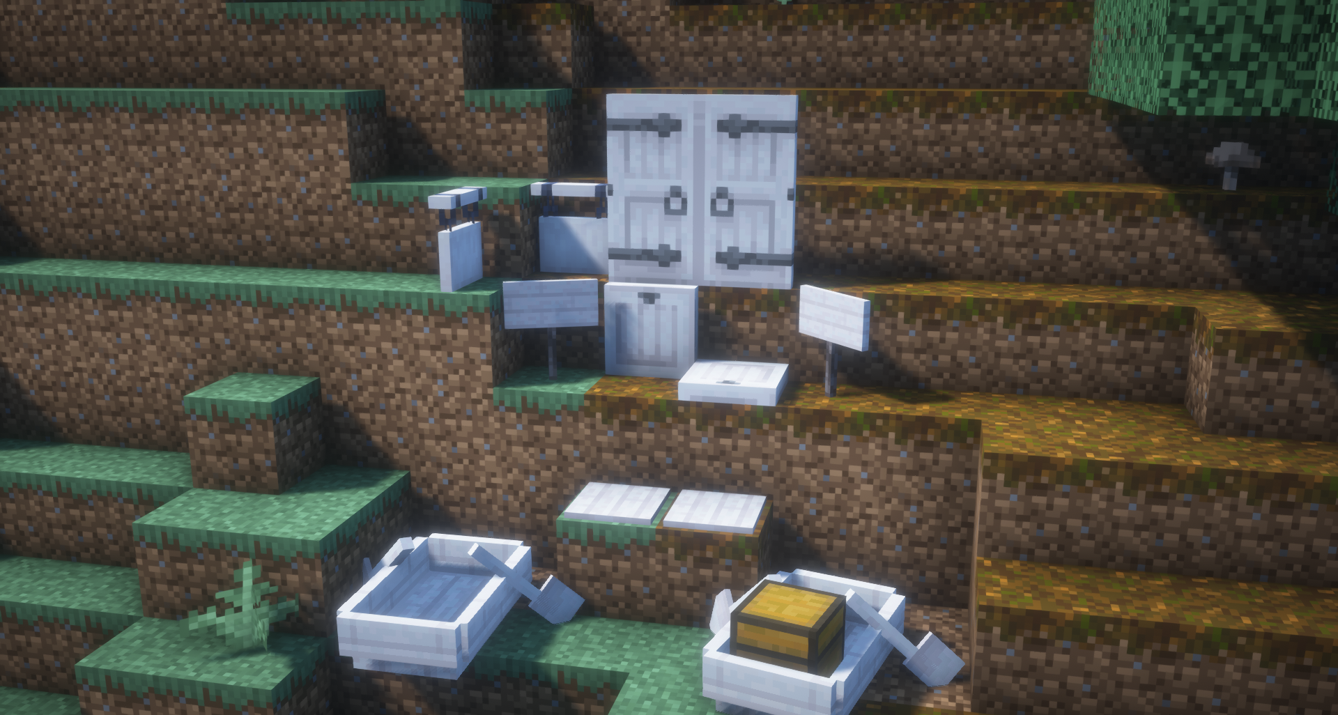 Туманный пейзаж Minecraft с бледными деревьями и мягким светом