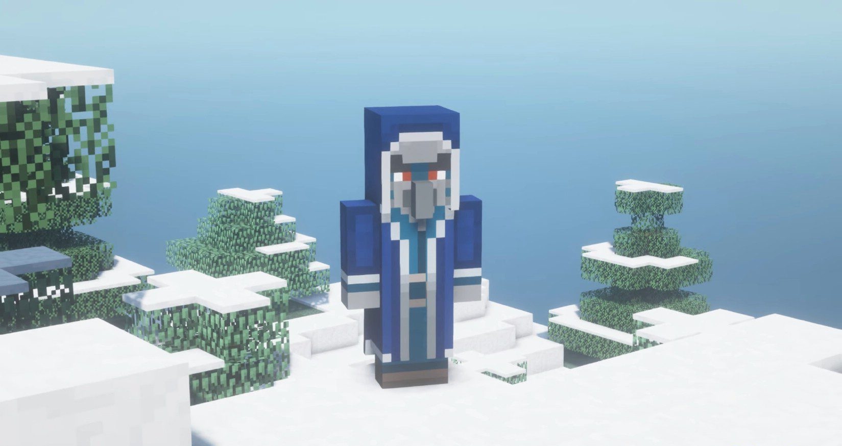 Ледолог атакует игрока ледяными глыбами в Minecraft