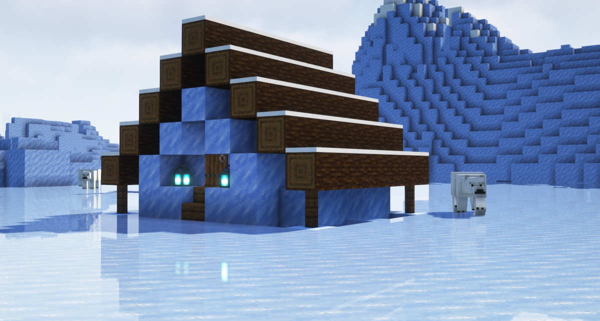 Ледяной замок в снежном биоме Minecraft с голубыми блоками