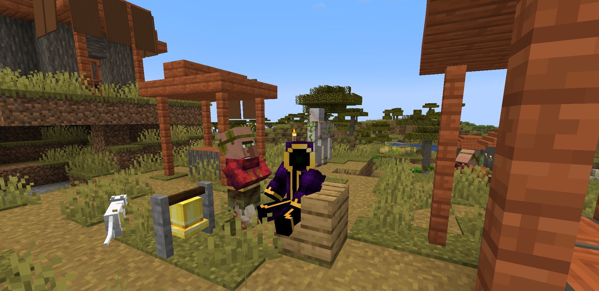 Персонаж сидит на заборе в деревне Minecraft с модом FSit