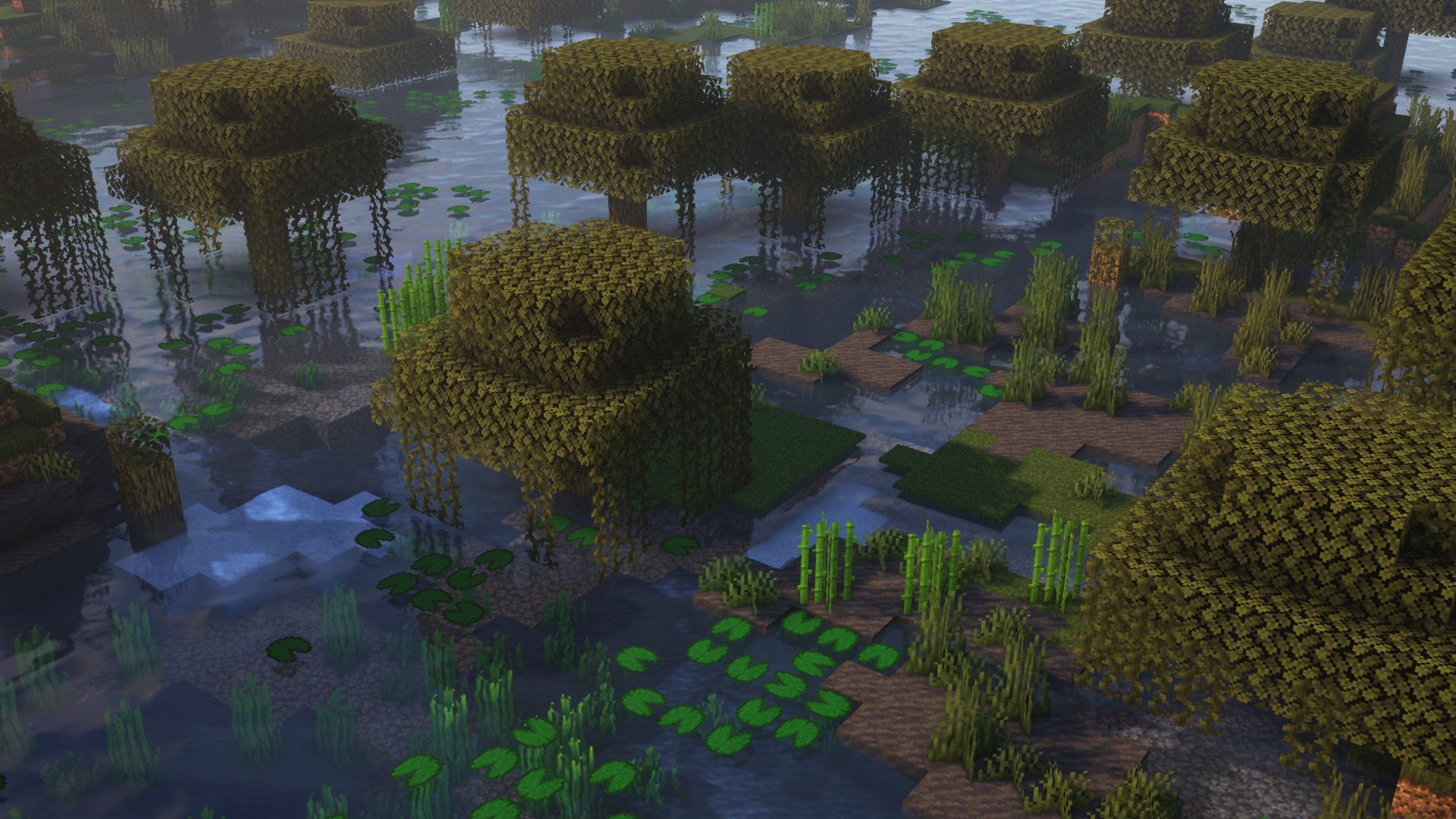 Детализированный ландшафт в Minecraft с модом Geophilic, включая новые деревья и траву