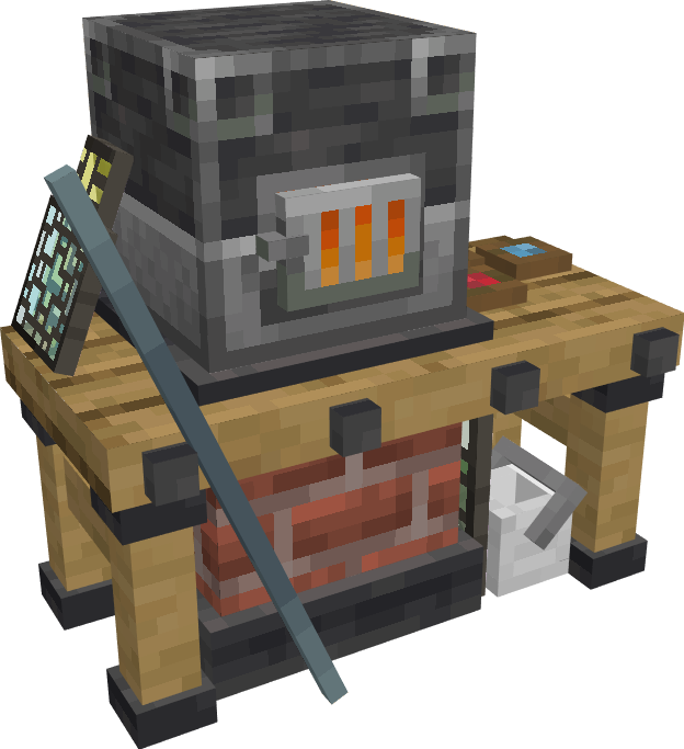 Стеклодувная мастерская в Minecraft с печью и различными стеклянными изделиями