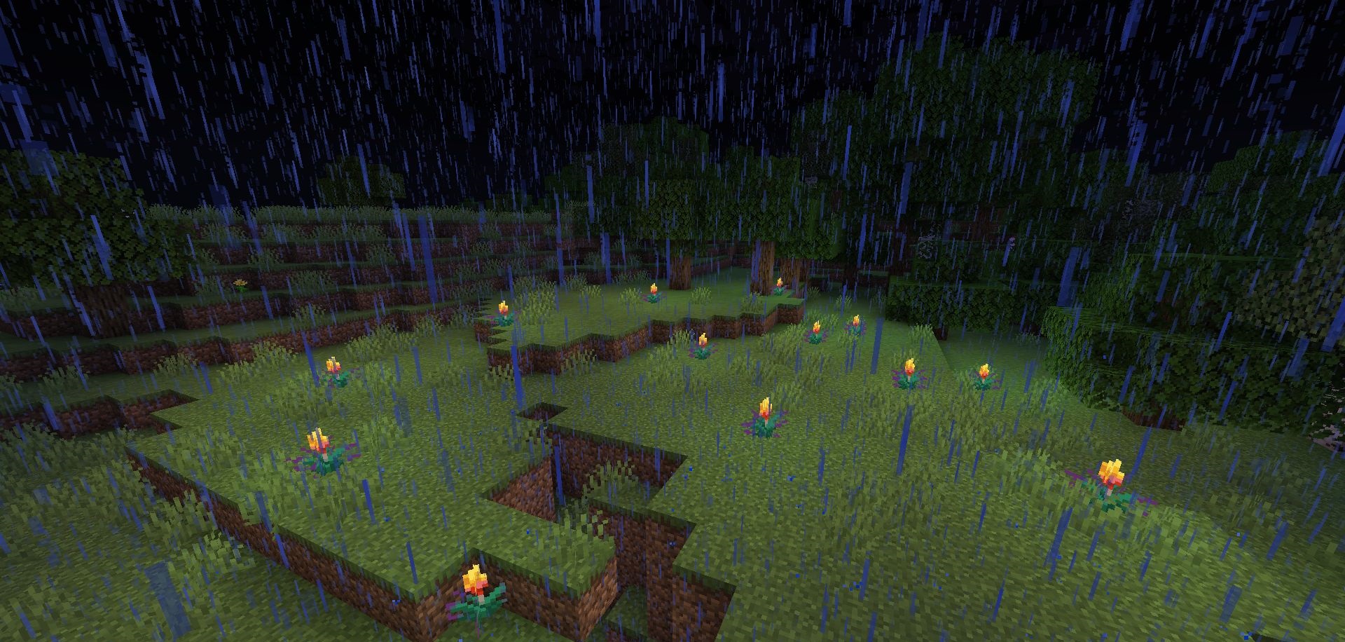 Светящиеся Torchflower в биоме Minecraft ночью, создающие уютную атмосферу