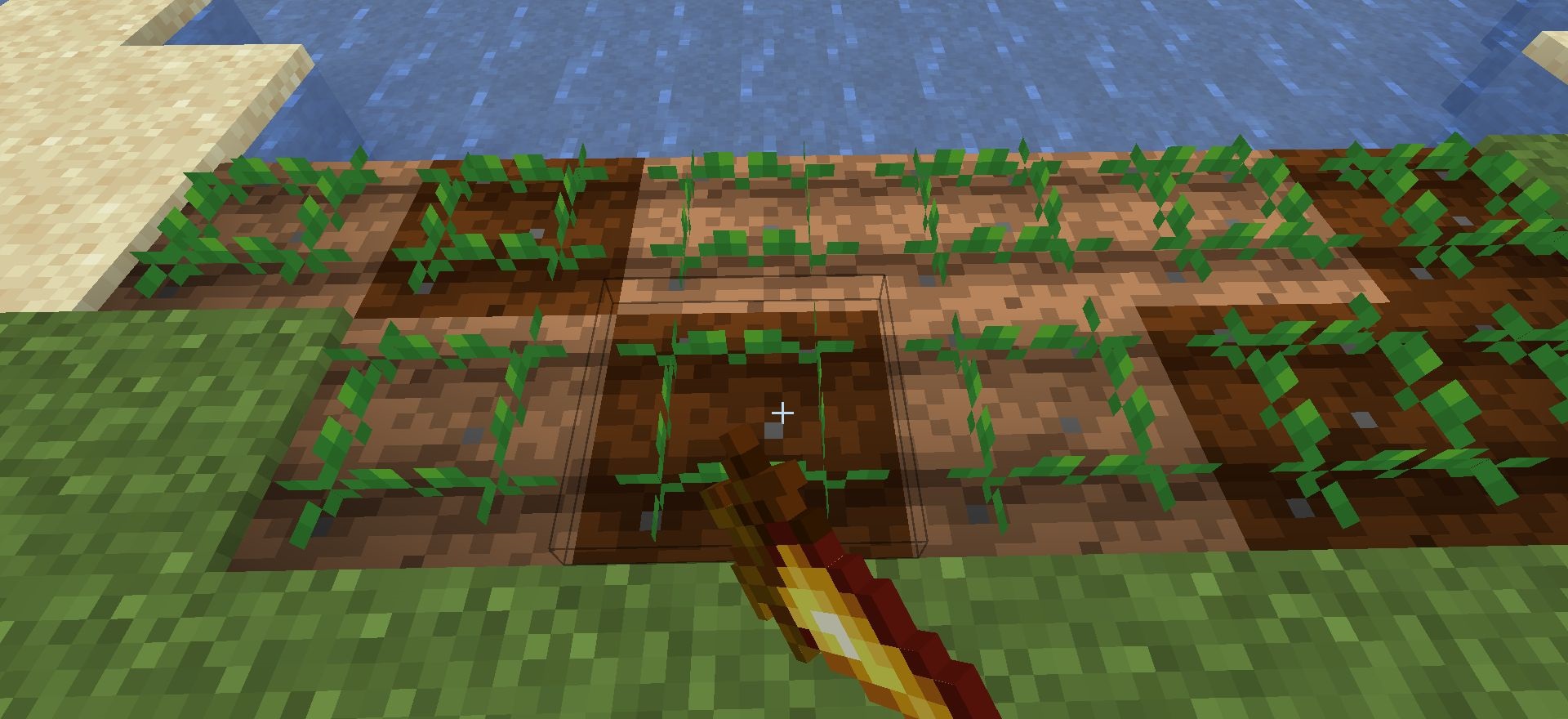 Игрок использует золотые семена для посадки в Minecraft с модом Golden Crops