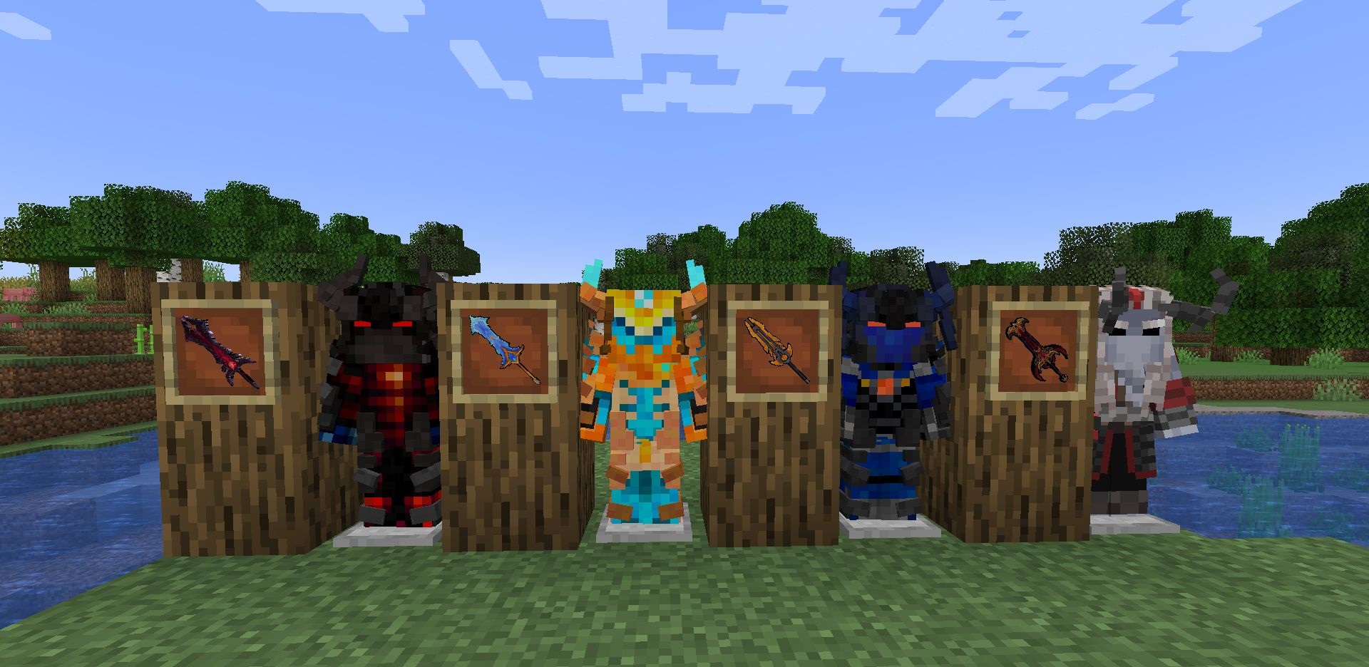 Aatrox в Minecraft сражается с криперами в тёмном лесу