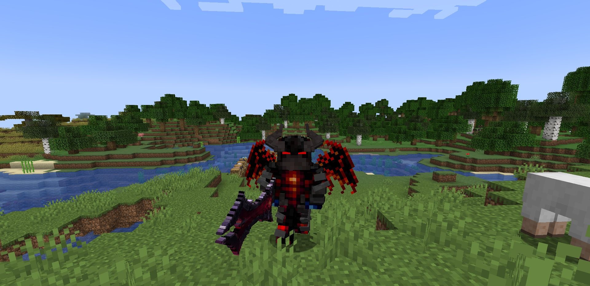 Крупный план Aatrox в Minecraft с мечом в руке на фоне заката