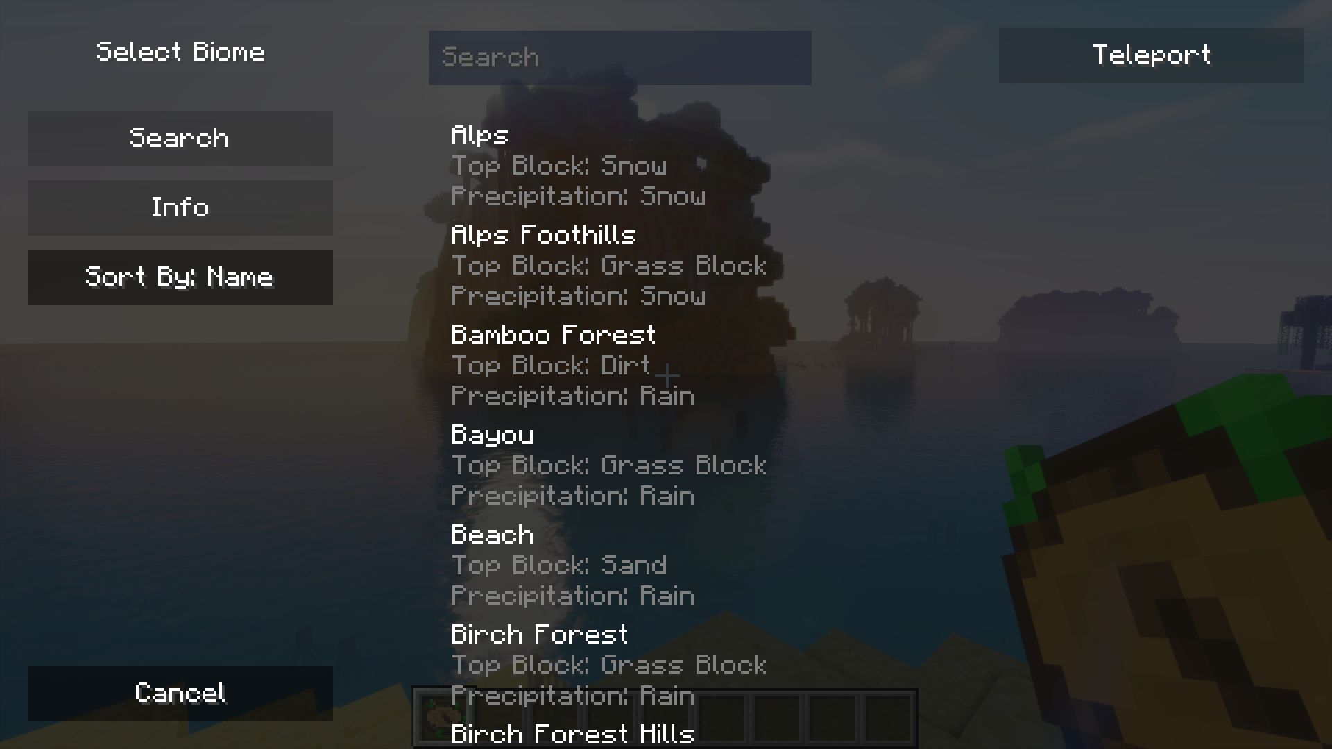 Интерфейс Nature's Compass с выбором биома в Minecraft