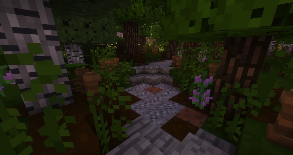 Красивый пейзаж в Minecraft с текстур-паком Happy, показывающий улучшенные текстуры воды и неба
