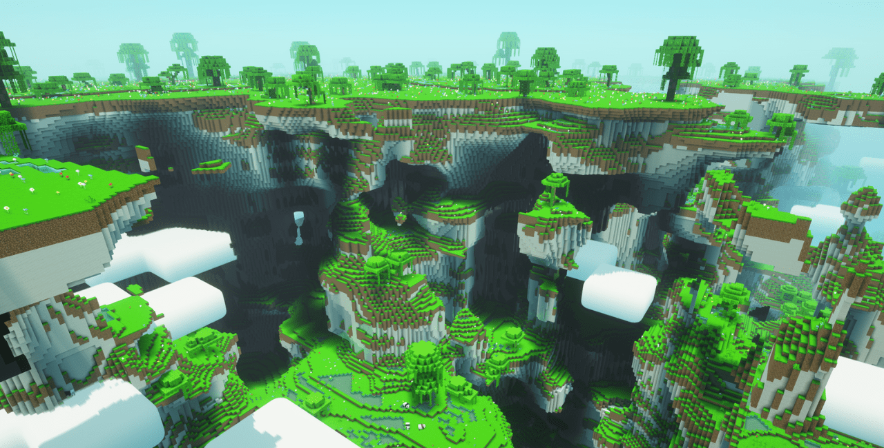 Игрок исследует Небесное измерение в Minecraft с друзьями