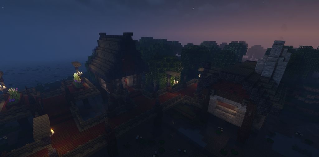 Игрок летает на ведьминской метле в Minecraft с модом Hexerei