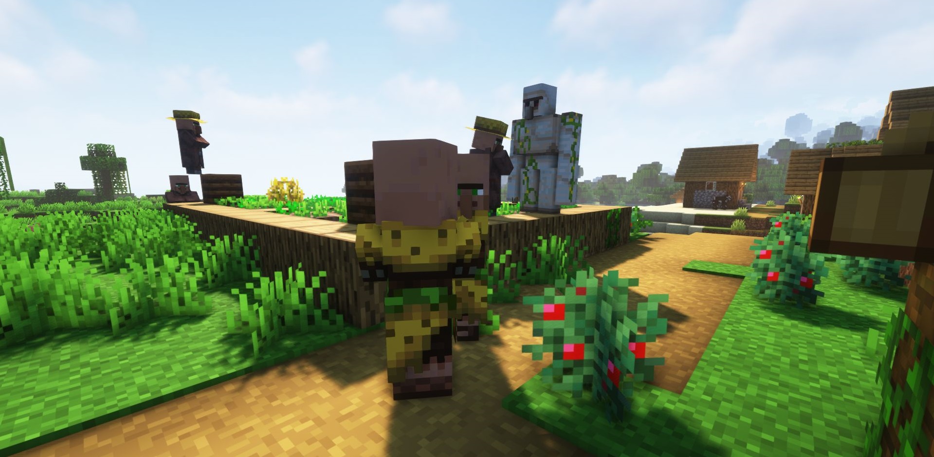 Скриншот Minecraft с модом Hey Berry SHUT UP, демонстрирующий мирное сосуществование жителей и ягодных кустов