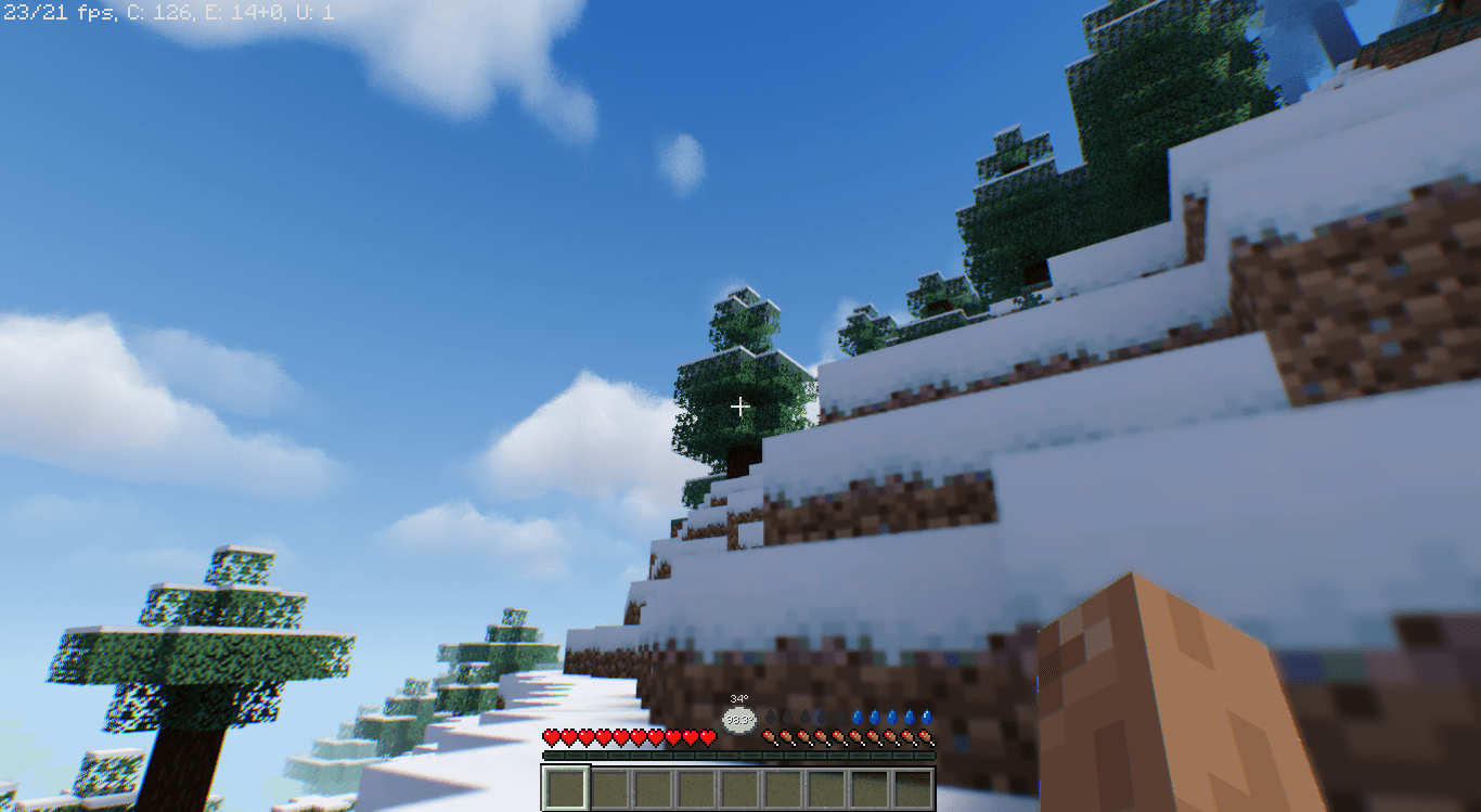 Персонаж Minecraft в снежном биоме с эффектом обморожения от мода Homeostatic