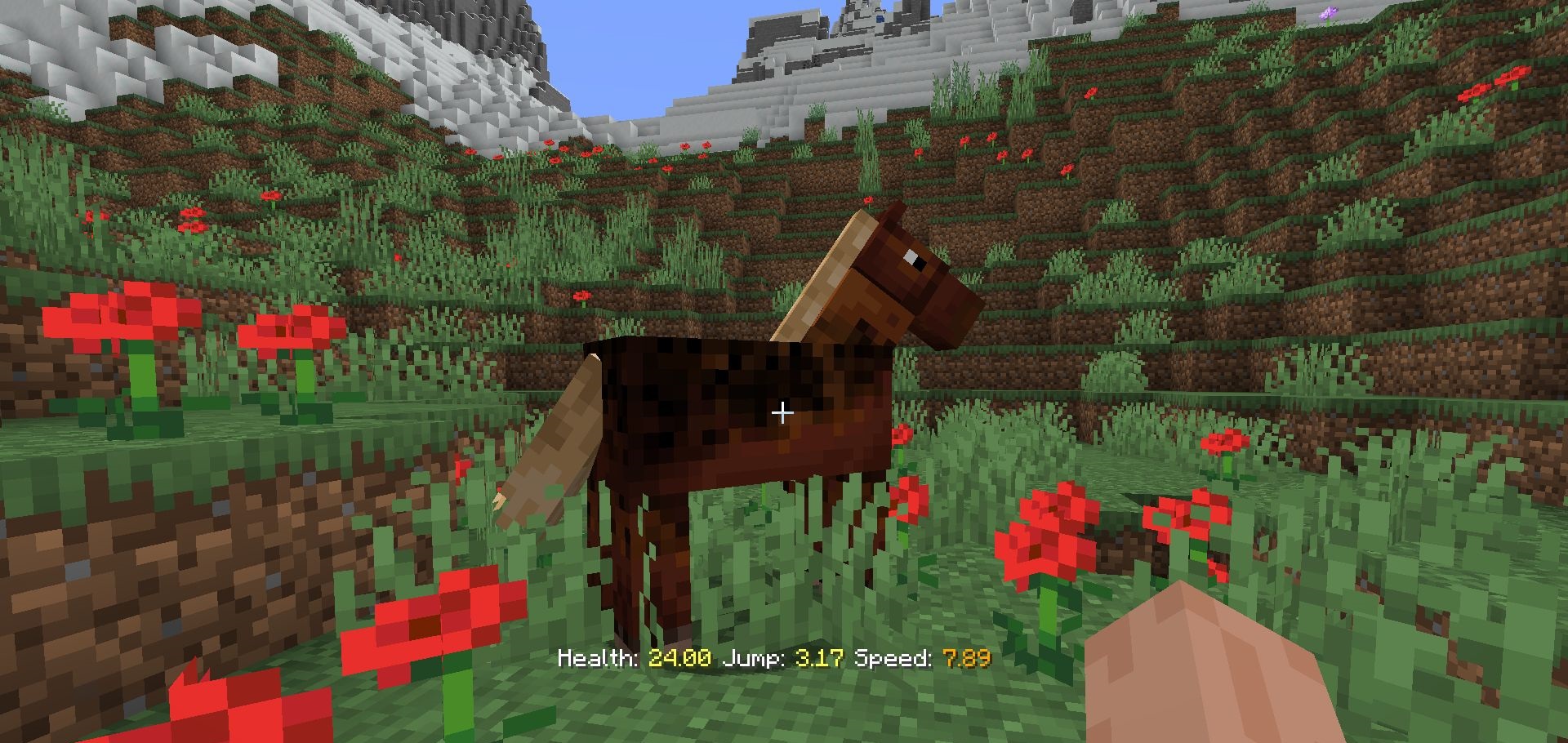 Интерфейс мода Horse Statistics с отображением скорости и прыжка лошади в Minecraft