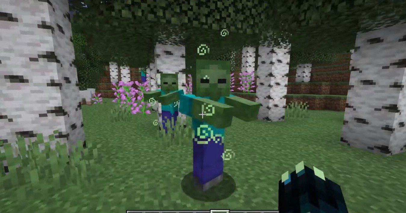 Пример улучшенного зомби в Minecraft с броней и зачарованным мечом