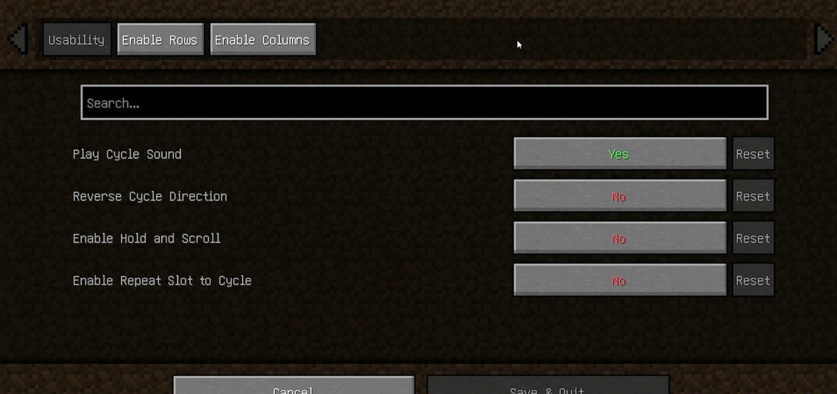 Настройки мода HotbarCycle в Minecraft с выбором клавиш и параметров отображения