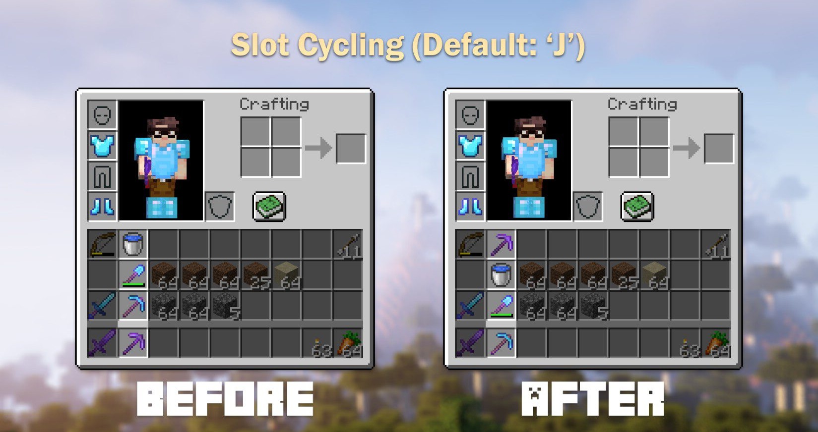 Игровой процесс с HotbarCycle в Minecraft во время строительства и сражений
