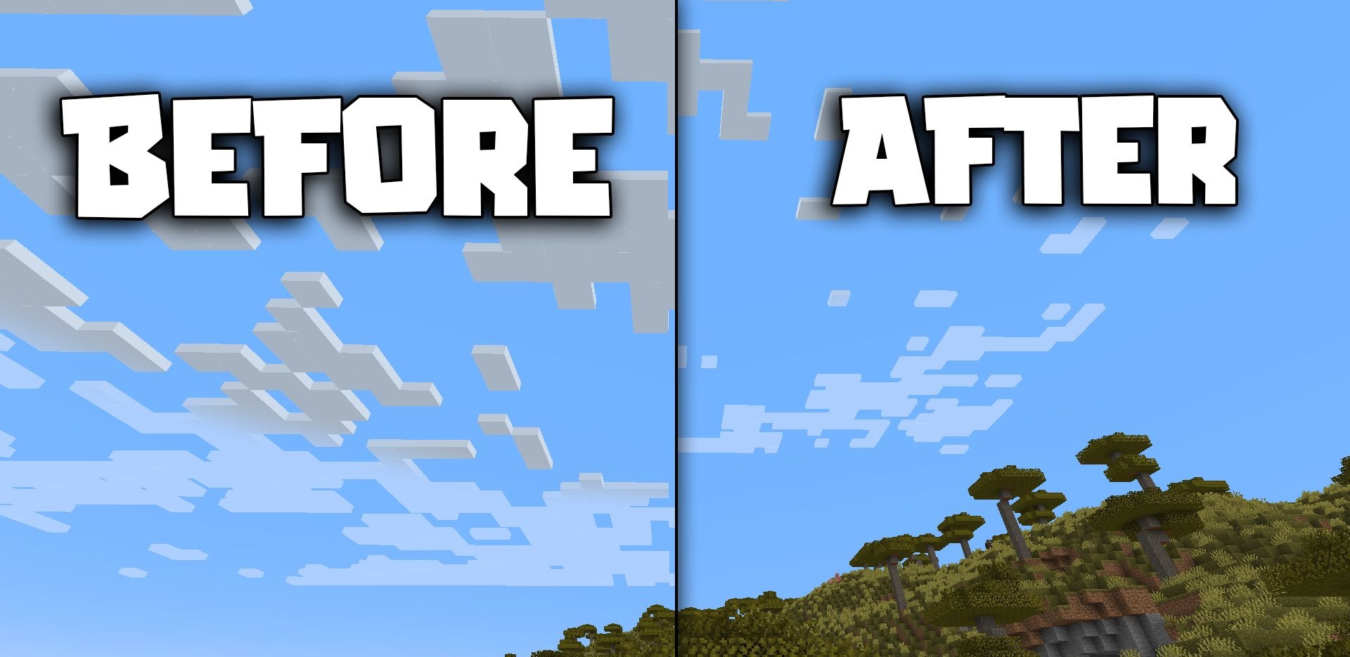 Сравнение стандартных и настроенных облаков в Minecraft с модом IBICF
