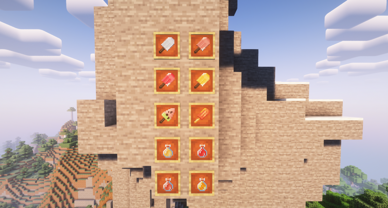 Персонаж наслаждается мороженым в биоме пустыни Minecraft