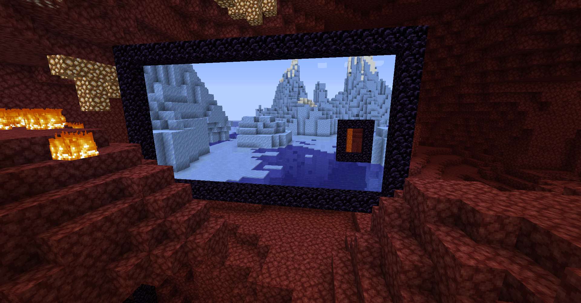 Игрок смотрит через Immersive Portal в Нижний мир в Minecraft