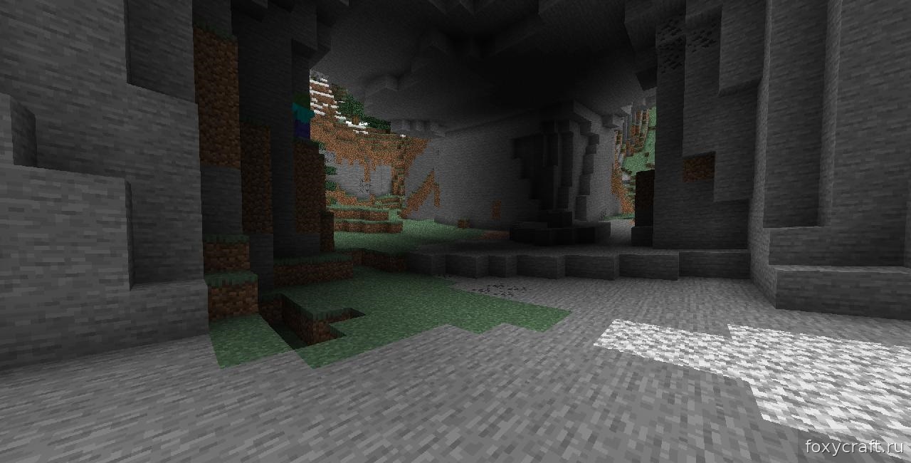 Подземелье в Minecraft с шейдером Inception, где стены изгибаются в пространстве