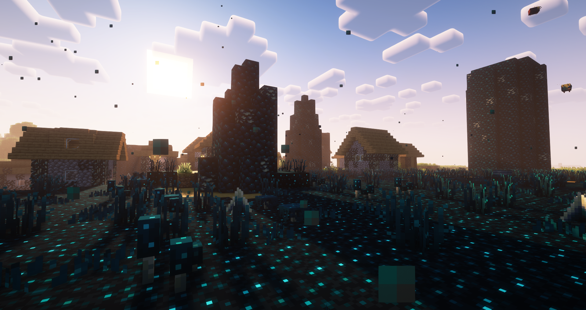 Заражённый биом в Minecraft с тёмными блоками и странными существами