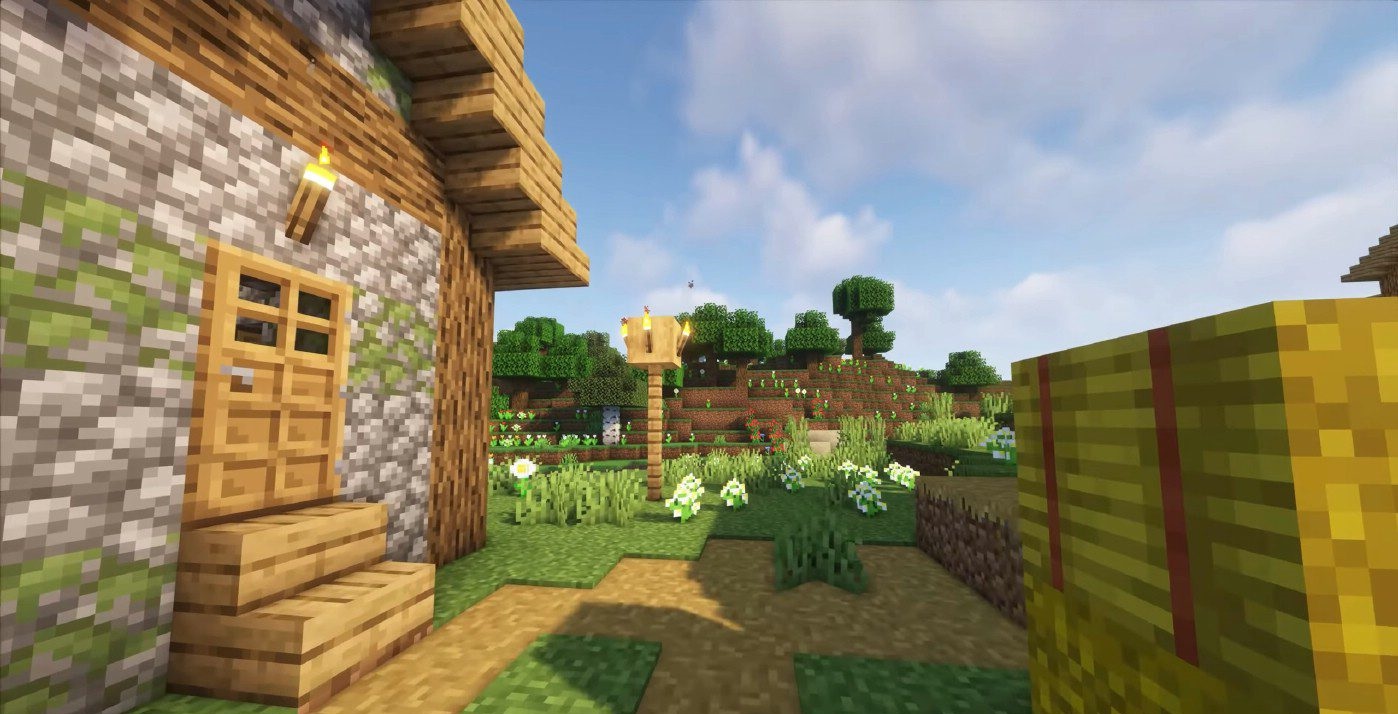 Ночной пейзаж в Minecraft с реалистичными тенями от шейдеров Iris
