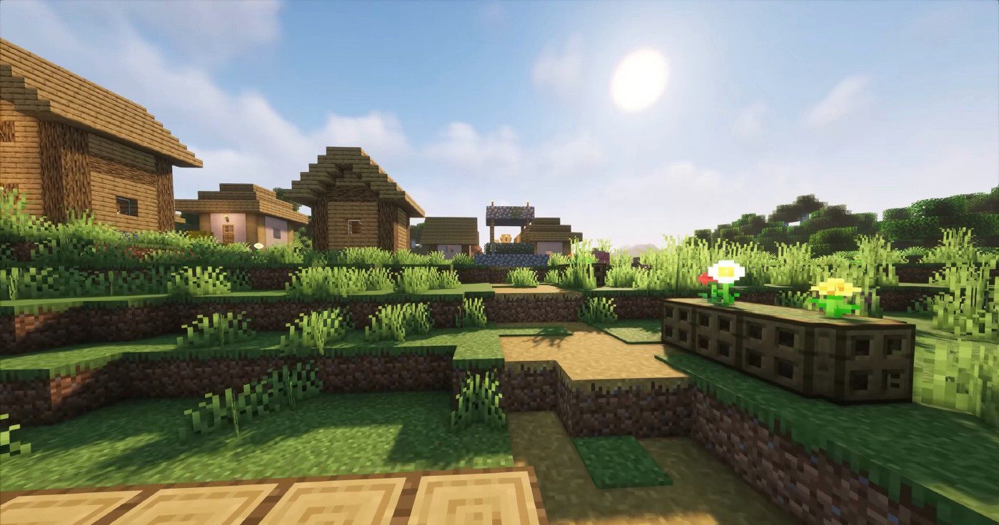 Ночной пейзаж в Minecraft с шейдерами, реалистичное лунное освещение
