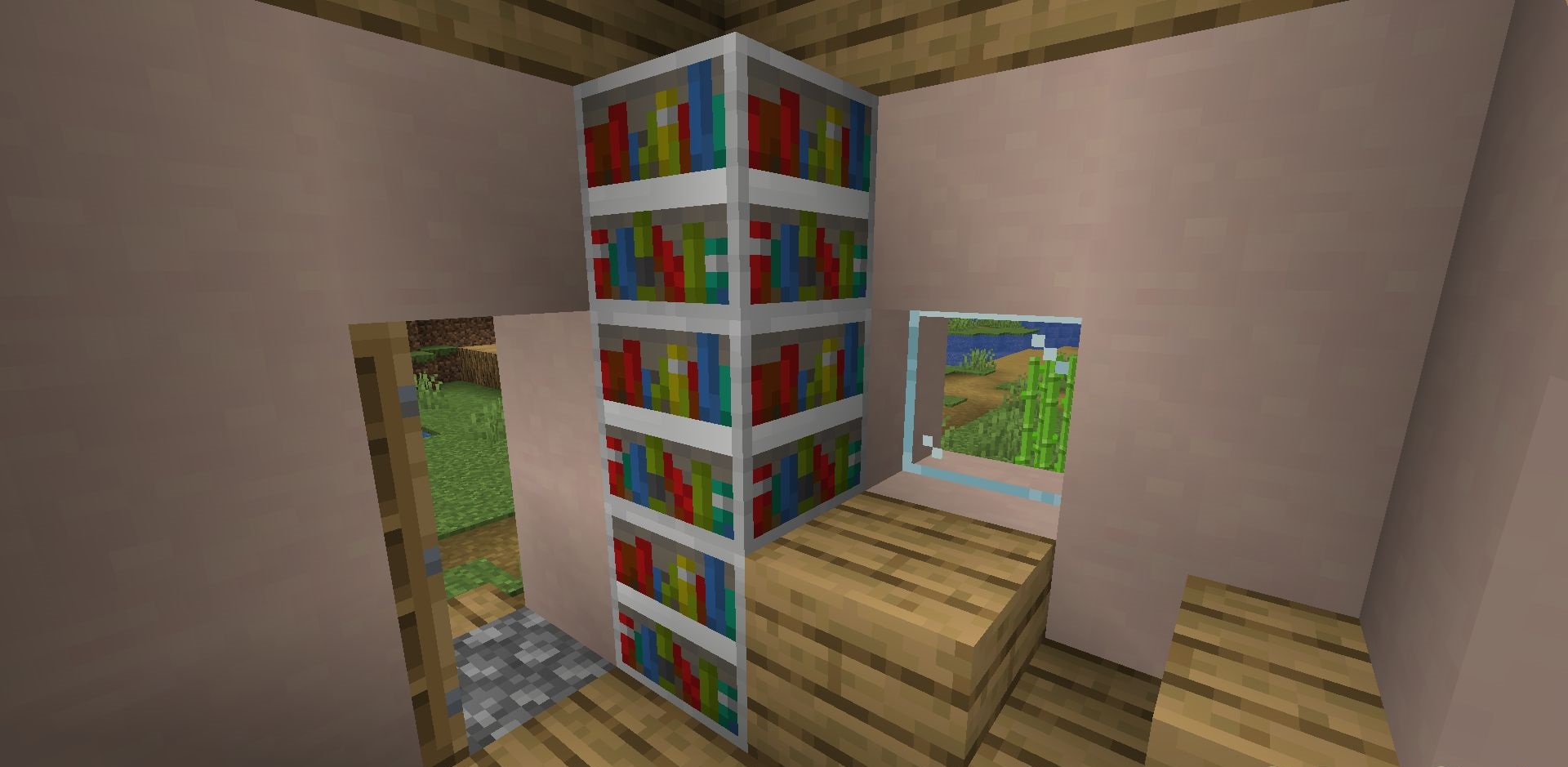 Интерьер библиотеки в Minecraft с железными книжными полками и магическими книгами