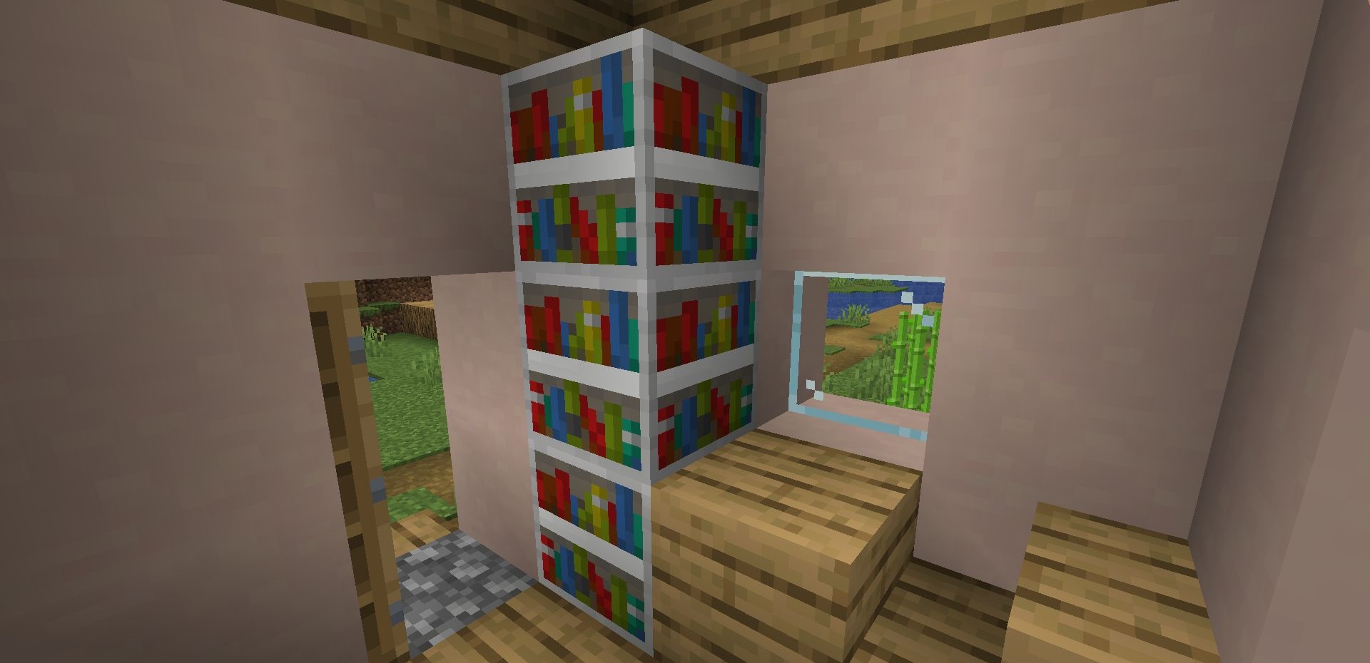 Библиотека с железными книжными полками в Minecraft в готическом стиле