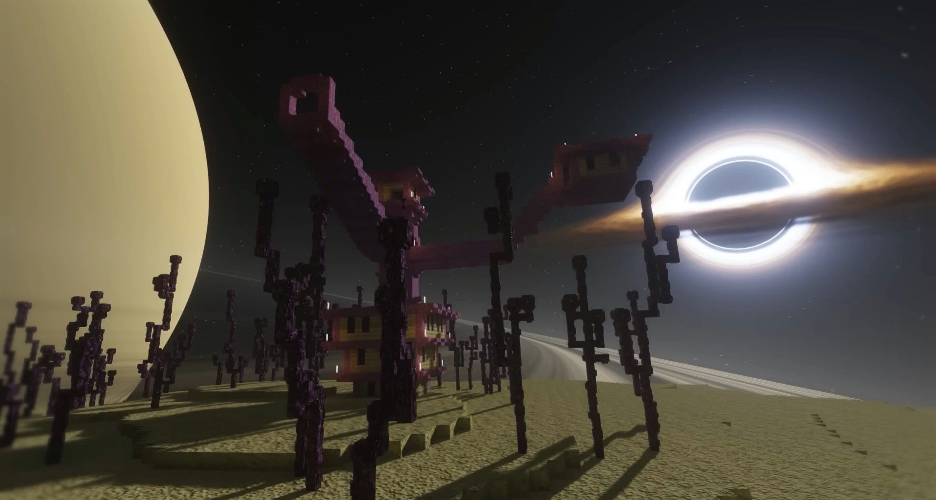 Ночной пейзаж в Minecraft с шейдерами IterationT, демонстрирующий красивые звезды и лунный свет