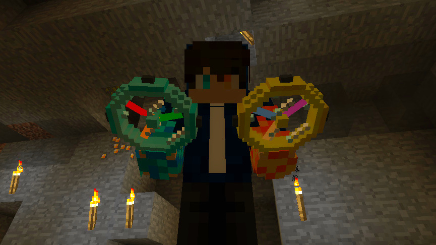 Игрок использует Advanced Finders для поиска алмазов в пещере Minecraft