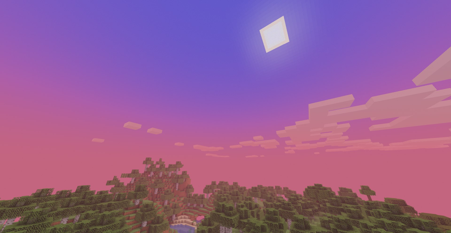 Красивый закат в Minecraft с шейдерами, отражающийся в воде